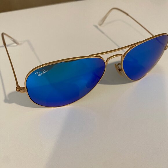 Ray-Ban Aviator Sunglasses Blue‎ Mirror Lens Gold Frame Made in Italy with case - Picture 4 of 16